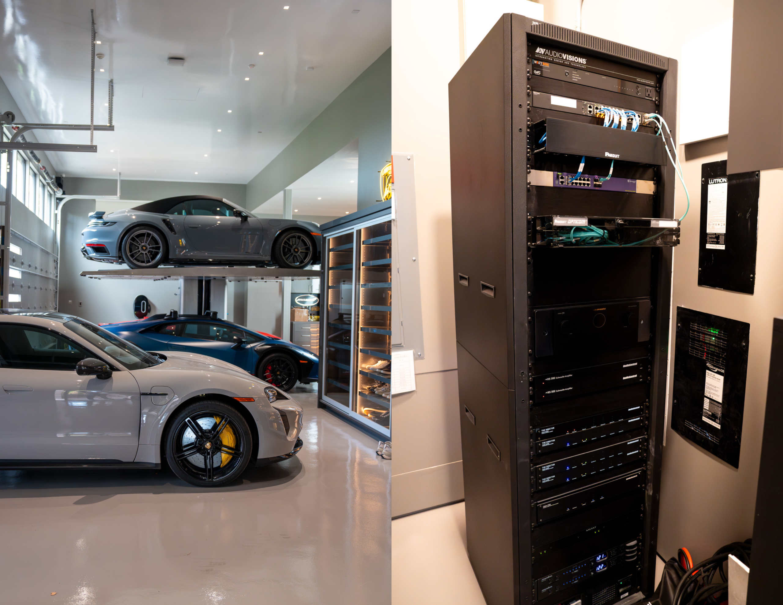 Illuminated residential garage with luxury vehicles at a Palo Alto smart home, featuring integrated overhead and architectural lighting controlled through the whole-home Lutron HomeWorks automation system installed by AudioVisions