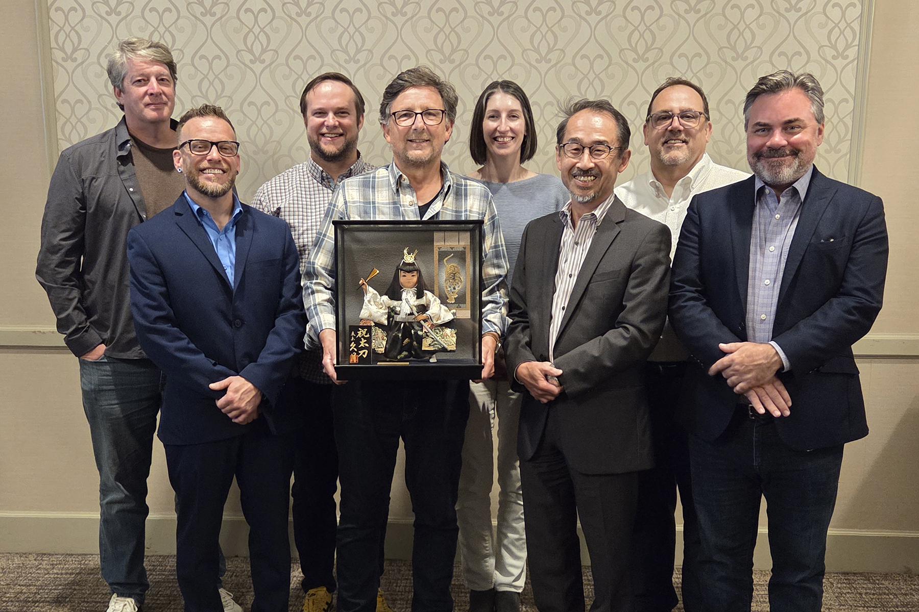 Audio-Technica’s 2025-26 Samurai Award was presented to Mavric Inc. Pictured L-R: Mavric sales associate Vic Stafford; Jeff Beck, Audio-Technica Regional Sales Manager; Mavric sales associate David Barrett; Mavric principal Pete Petty; Mavric sales associate Julie Van Berg; Manabu Aoki, Audio-Technica U.S. CEO/President; Mark Humrichouser, Audio-Technica Vice President, Sales, U.S. Headquarters and System Solutions Group Americas; and Jim Schanz, Audio-Technica Executive Director, System Solutions Sales.