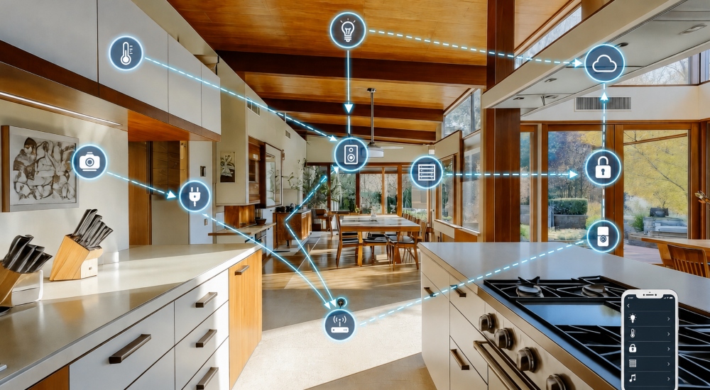 Scene depicting technologies that would fall under the purview of a home integration professional.