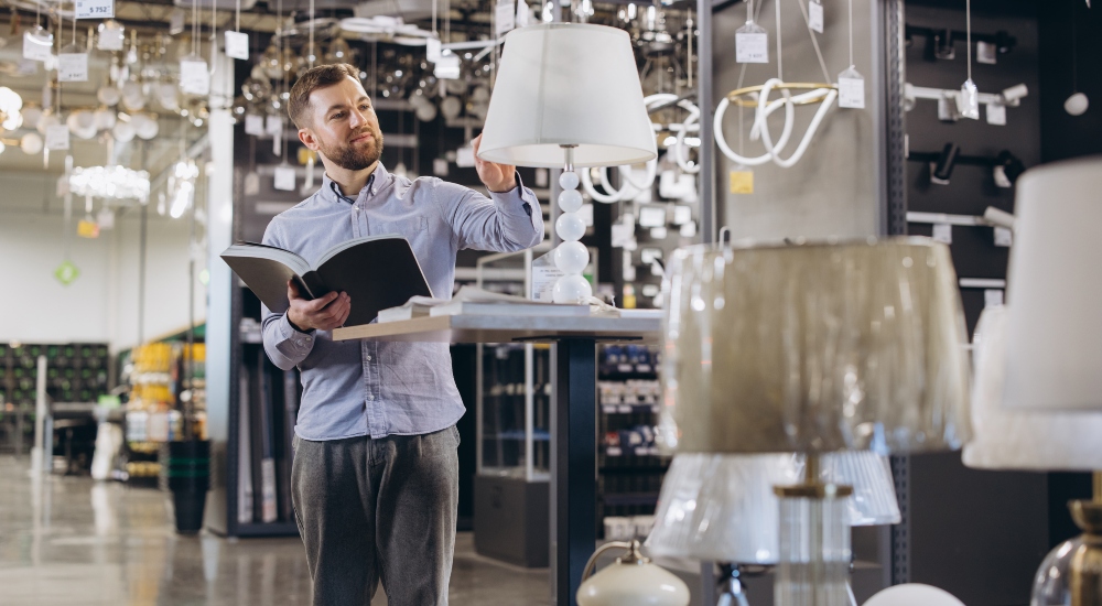 Man shopping for lighting fixtures as a metaphor for price pressure and value proposition when selling lighting and shading