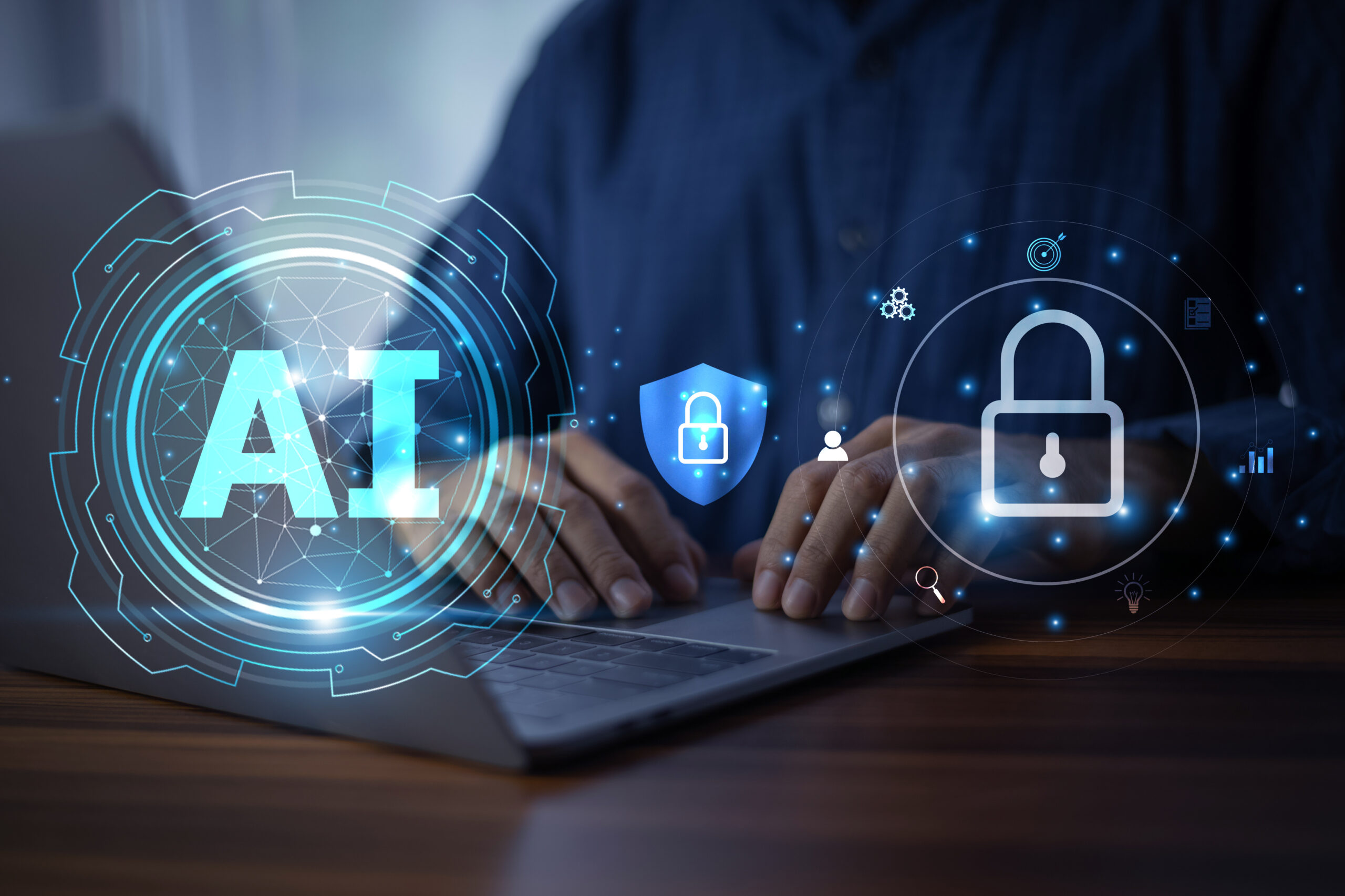 Man using AI with security concept as representation of AI Code of Conduct.